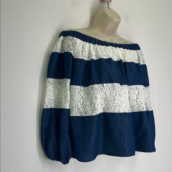 English Factory - Blue And White Lace Stripe Off The Shoulder Blouse Size Small - Picture 3 of 10